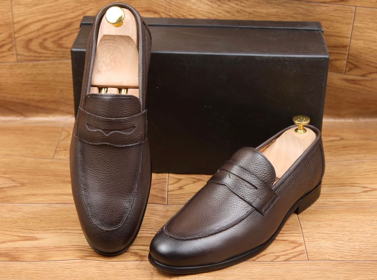 Mocassins Penny Loafers pour homme en cuir marron foncé grainé